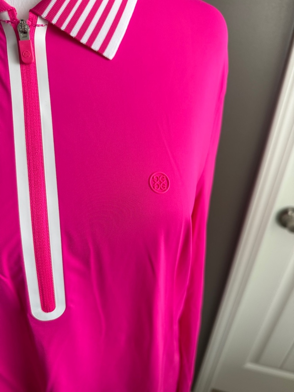 G/fore Women's Hot Pink Long-Sleeve Polo Top with Striped Collar - Picture 2 of 5